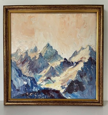 Original oil painting Sunlit Mountain Peak Textured Alpine Landscape Art 8x8