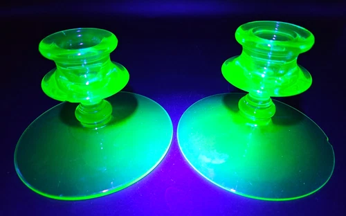 Vintage Fostoria Uranium Glass Candlestick Holders - 1 Chip