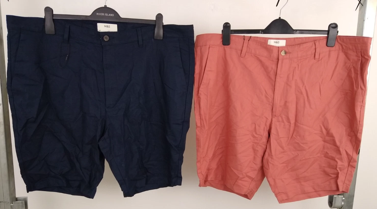M&S Men's Shorts Size W44" 2Pcs Orange Navy Blue Pure Cotton-Linen Blend NEW