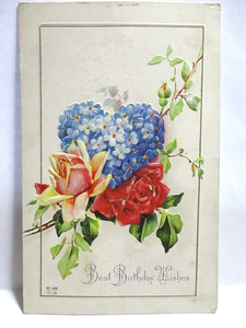 1910 POSTCARD BEST BIRTHDAY WISHES, HEART OF FORGET-ME-NOTS, ROSES