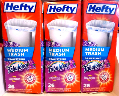 Hefty Medium Trash Bags Drawstring Fabuloso Scent, 8 gallon 26 Ct 3-PACK