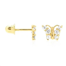 14K Yellow Gold 0.50Ct CZ Butterfly Screw Back Kids Earrings