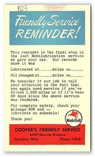 1940s Mobiloil Service Reminder! Postcard Cooper's 6444 Monroe Ave Sylvania Ohio