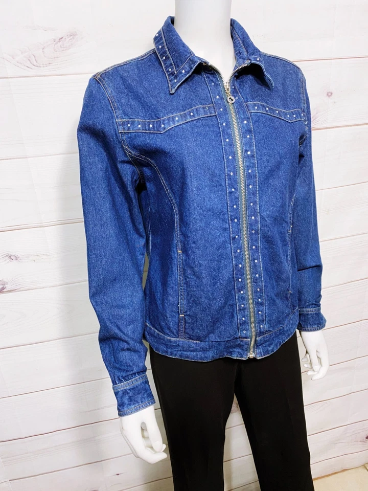 Vintage Cathy Daniels Womens Denim Jacket Sz S Blue Rhinestone Zip Pockets 90's - Image 2 of 4
