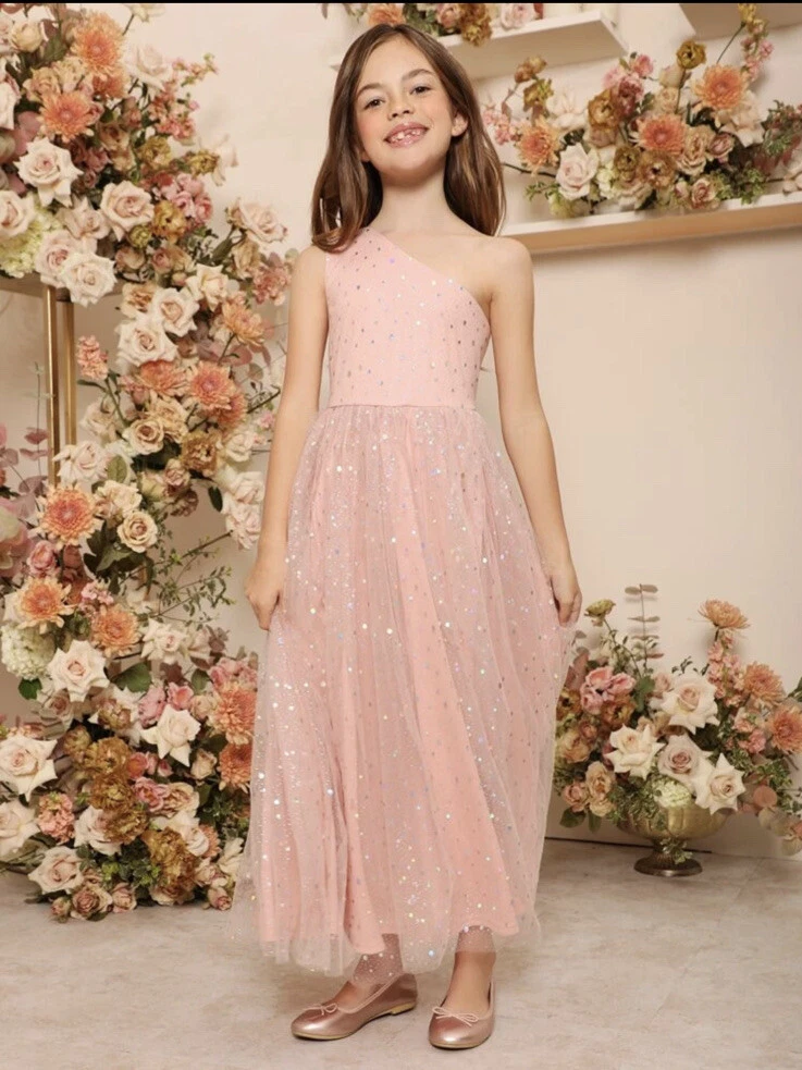 SHEIN Girls One Shoulder Pink Sequin Mesh Flare Hem Dress Size 10