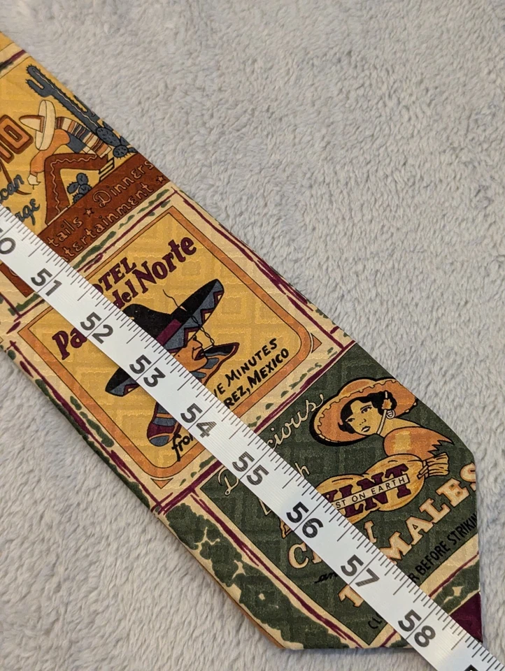 Corbata Estructura Estampado Español EE. UU. 100% Seda Italiana Vintage México Anuncios Foto 3 de 4