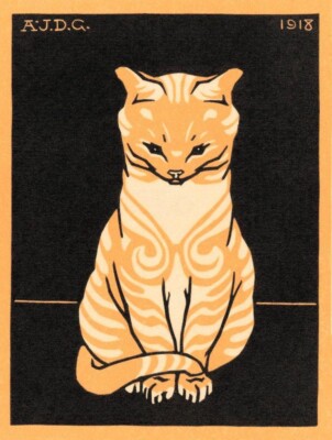 Sitting Cat Woodcut Art Print Julie de Graag 1918   Dutch Art Nouveau Animal
