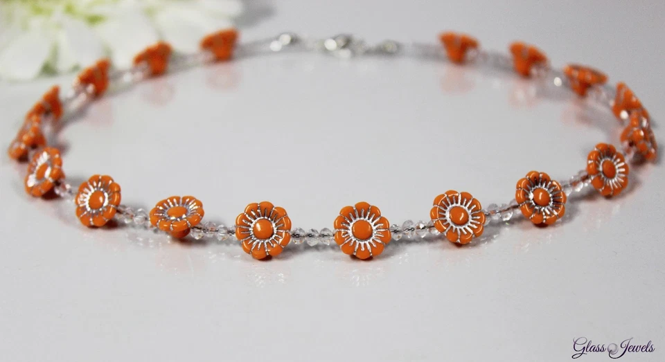 Collana Bambina Bella In Argento Con Perle E Fiori Arancioni In Acrilico #M092 - Immagine 2 di 3