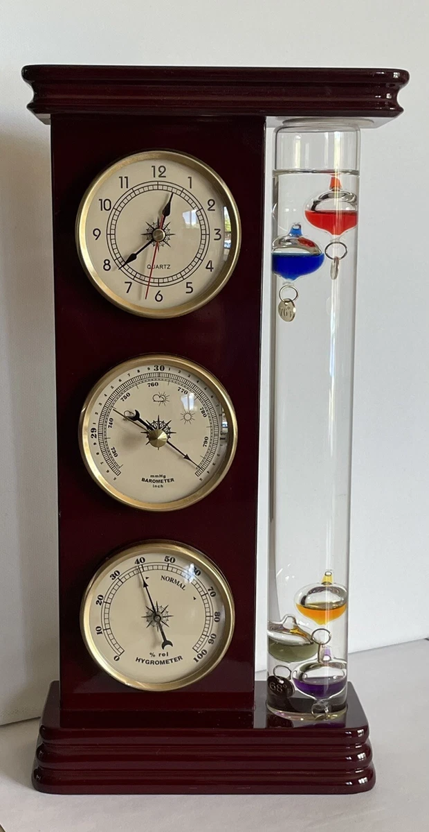 Galileo Weather Station Thermometer Barometer Hygrometer & Clock Wood Frame