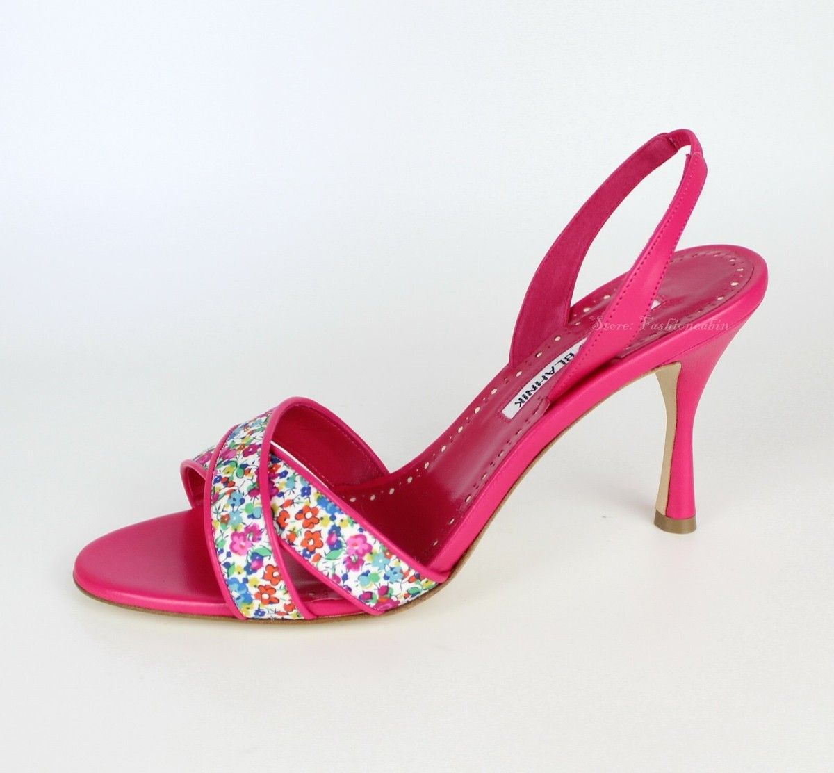 NEW MANOLO BLAHNIK Floral Leather Slingback Sandals, EUR 38, MSRP