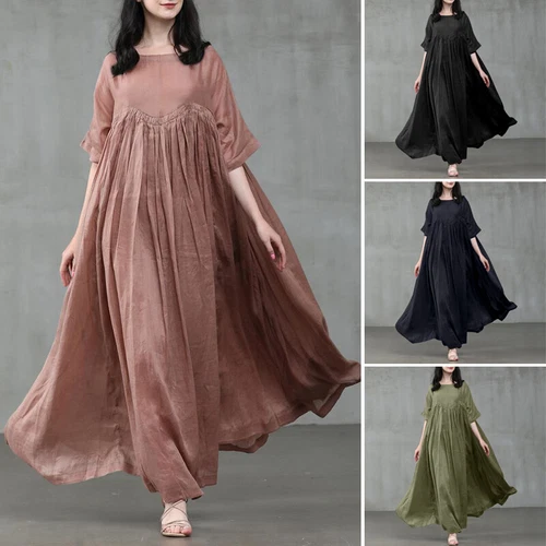 Damen Kurzarm Baumwolle Lockere Taille Party Swing Maxikleid S-5xl - Bild 2 von 28