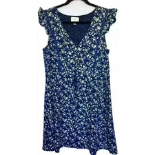 Everly Navy Floral V-Neck Ruffle Flutter Sleeve Button-Front A-line Mini Dress M