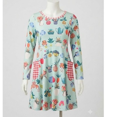 Marie Nicole Clothing Girls XL Blue Floral Potted Plant Gingham Pocket Dress