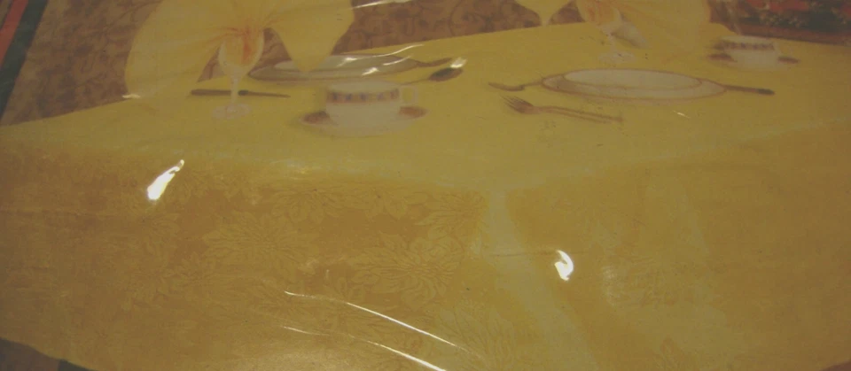 Vintage "Holiday Sultan's Linens" Gold Tone Polyester Tablecloth 52"x70" 242 - Image 2 of 4