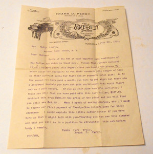 The EVERETT PIANO Frank D Perry 1915 *Late Payments Customer Letter* Hudson NY