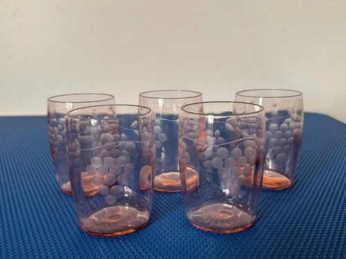 Vintage 1930s Pink Depression Glass Tumbler Etched Grapes With Leaves Set Of 5