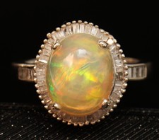 STS Ethiopian Opal & Diamond Baguette Halo Sterling Silver Ring S1069
