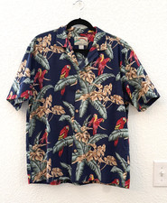 Vtg Paradise Found Hawaiian Aloha Shirt - Mens L - Navy Blue Parrots Plants Fun