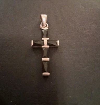Antique Dainty Cross Pendant with Silver and Onyx 