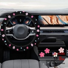 Cute Embroidered Flower Steering Wheel Cover With 4pcs Air Vent Clips Colorful