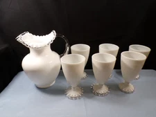 Fenton Milk Glass Silver Crest Water Set - Large Pitcher & Six Tumblers Goblets