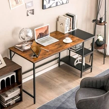 NNECW 140CM Computer Desk with 2-tier Storage Shelves & Steel Frame-Brown