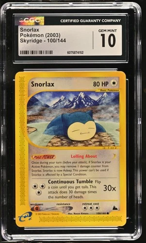 CGC 10 GEM MINT Snorlax 2003 Skyridge 100/144 Pokemon Card