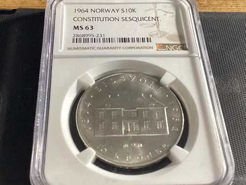 1964 Norway Silver 10 Kroner Constitution Sesquicentennial 10K NGC MS63 #282