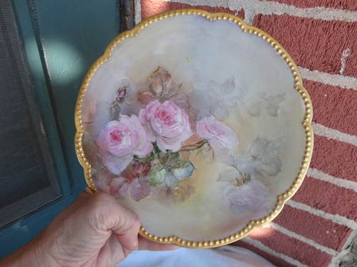 ANTIQUE D&C FRANCE LIMOGES FLORAL PINK ROSES HEAVY GOLD PAINTED PORCELAIN PLATE - Picture 5 of 8
