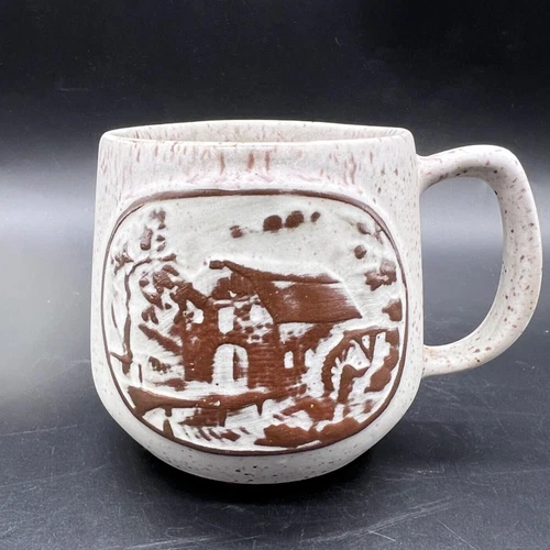 Vintage Onion River Pottery Water Mill 3.5" Speckled Brown Ceramic Coffee Mug