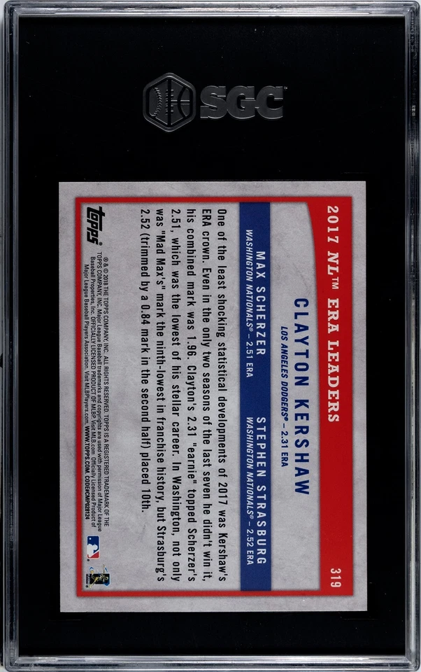 2018 Topps Big League #310 Leaders Kershaw Strasburg Scherzer GOLD SGC 10 GEM - Image 2 of 2