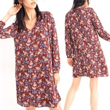 Madewell Button Back Dress In Antique Floral size L Burgundy Red Long Sleeve DG