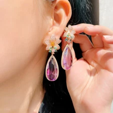 Women Flower Water Drop Zircon Long Dangle Earrings Gold Plated Wedding Jewelry