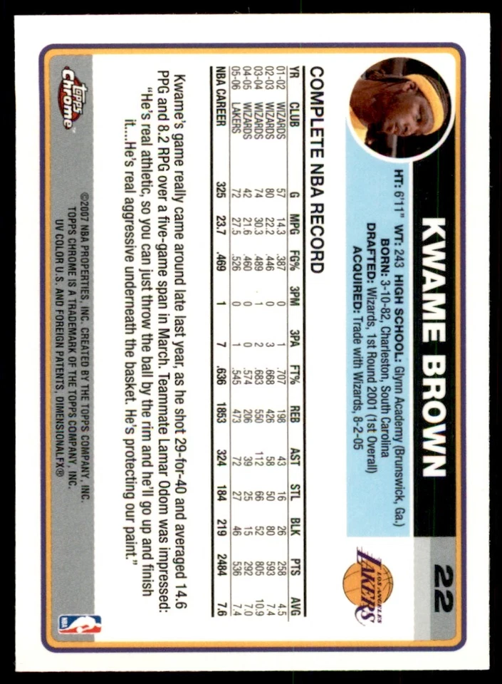 2006-07 Topps Chrome. Kwame Brown Basketball Cards. #22 - Image 2 of 2