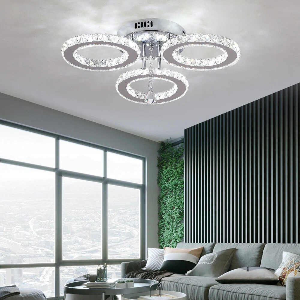 Modern 3-Ring Crystal Chandelier – LED Flush Mount Ceiling Light