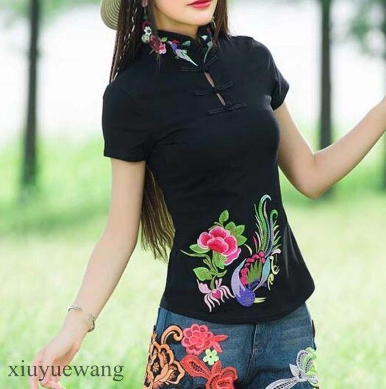 Blusa retrô étnica feminina bordada floral manga longa top camiseta fina vintage - Imagem 4 de 4