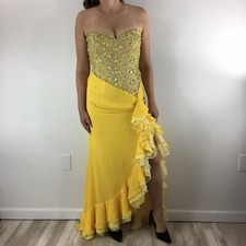 JOVANI Strapless Sequin Yellow Ruffle Side Slit Hem Formal Dress Size 6 $1200