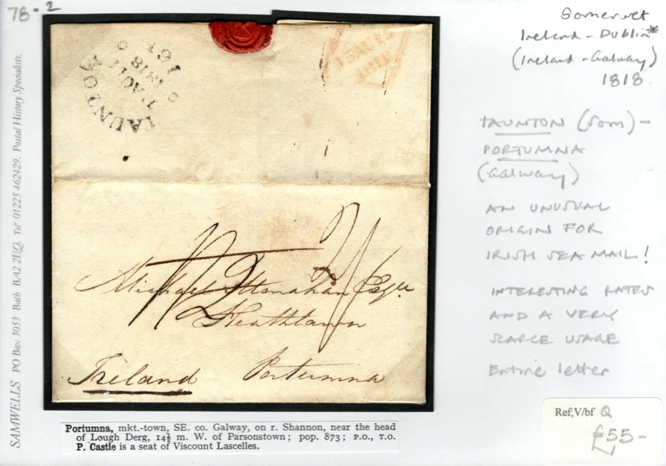 GB Somerset Cover Taunton IRELAND Portumna Galway  IRISH SEA MAIL 1818 78.2 Foto 4 de 4