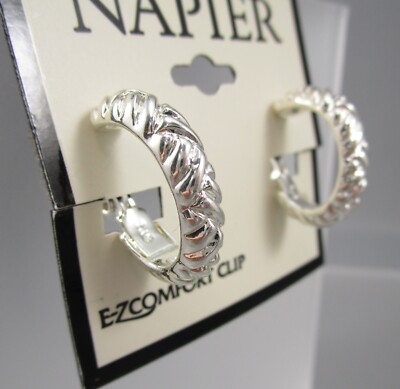 NWT NAPIER Silver Tone Textured Hoop Clip on Earrings 47E