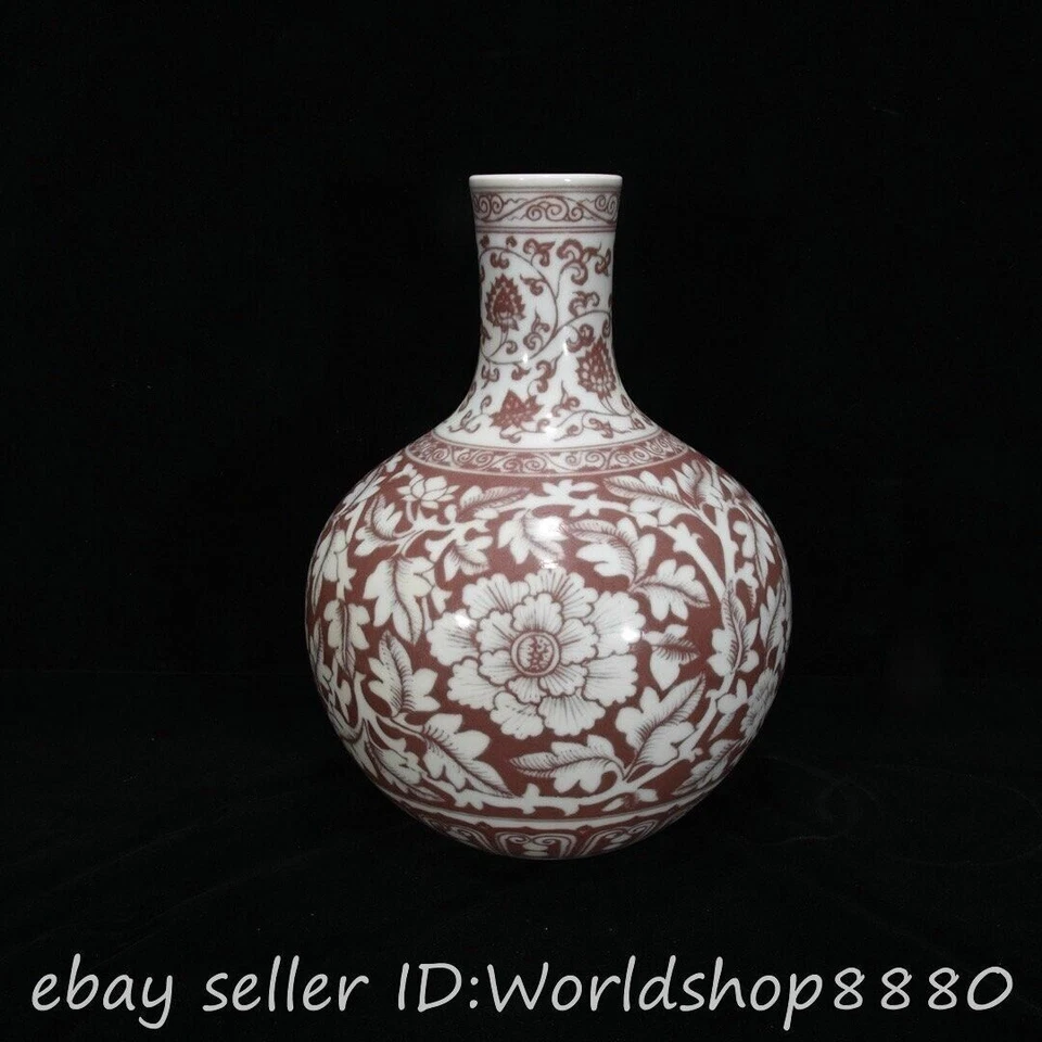 Jarrón botella maceta tarro porcelana rojo esmalte chino antiguo de 12" Foto 3 de 4