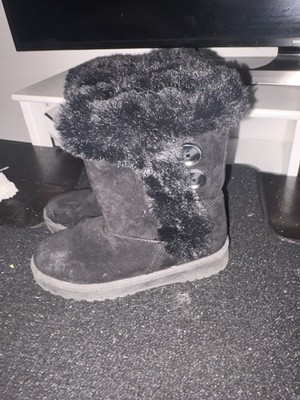 Black Fur Trim Button Mid-Calf Bootie Girls Lined Suede Winter Casual