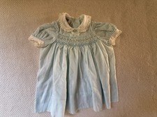 Polly Flinders Infant Hand Smocked Dress Blue with Pink Flowers 3 - 9 Mos.