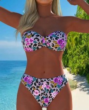 Stunning Floral & Leopard Pink Print Bandeau Bikini With Tie Back - Size 12-14 