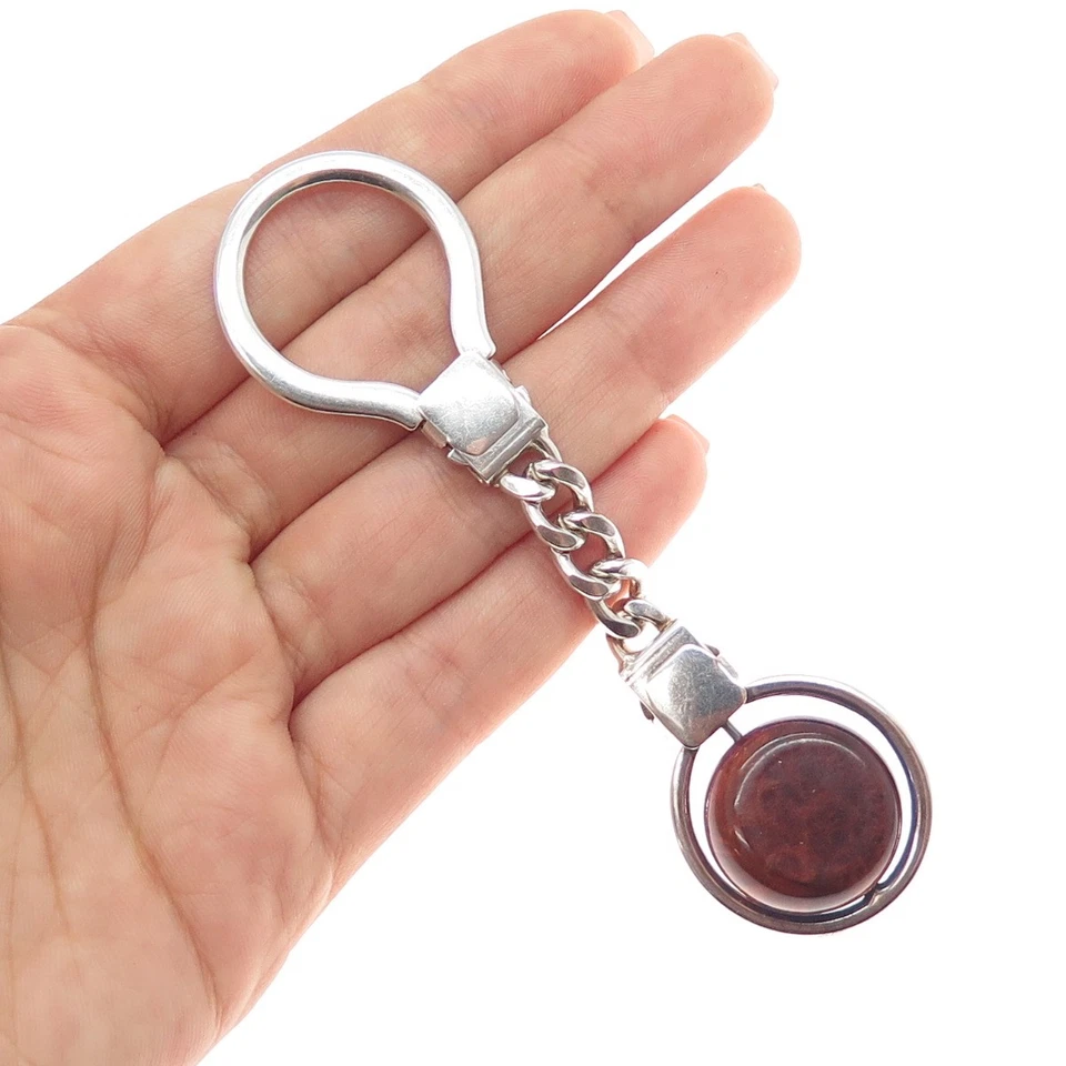 925 Sterling Silver Vintage Italy Wood Mazda Logo Key Fob Chain Ring - Image 2 of 4
