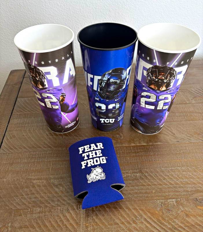 TCU Horned Frogs Football Fan Lot: 3 Cups, Fear the Frog Koozie, 2 Towels