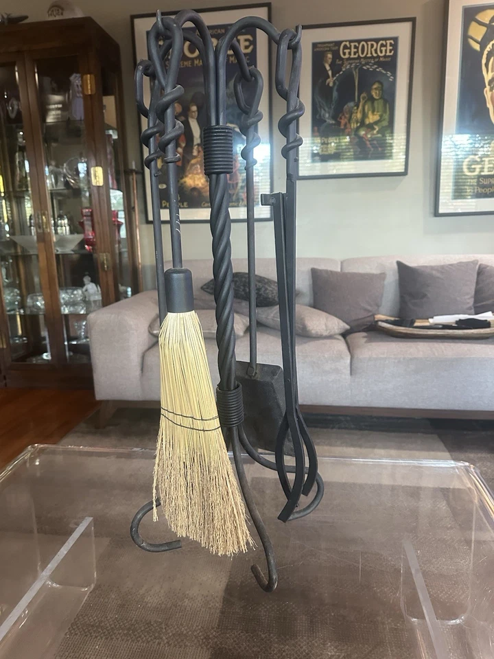 Juego de herramientas de chimenea de hierro forjado trenzado vintage de 30" campo 5 piezas Foto 3 de 4