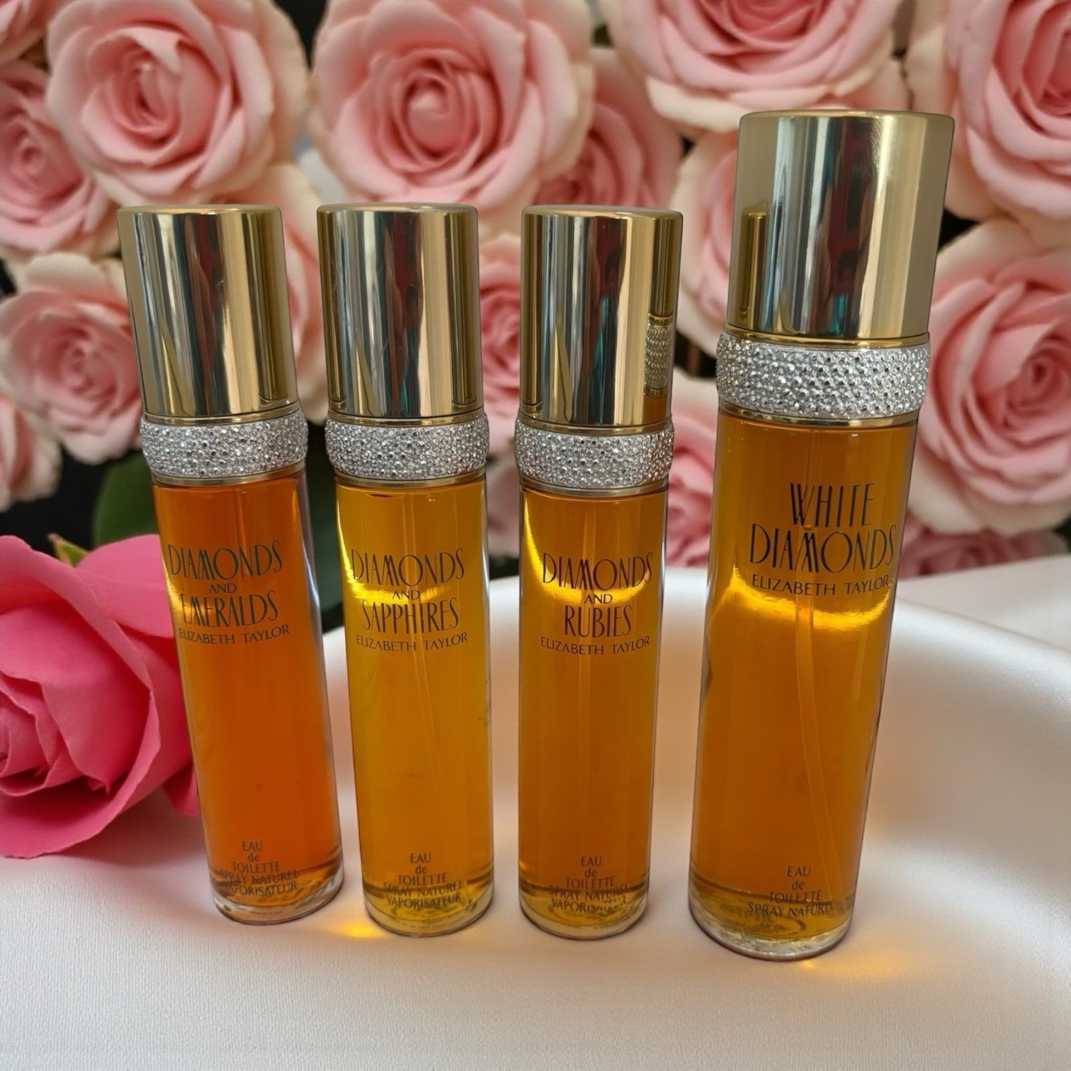 Vtg Elizabeth Taylor Perfume Spray Set White Diamonds Rubies Sapphires Emeralds