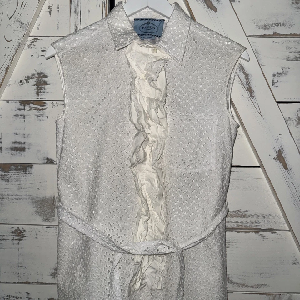 PRADA White Eyelet Sleeveless Dress Size 38 Poplin Cotton Ruffle Tie Waist - Image 3 of 4