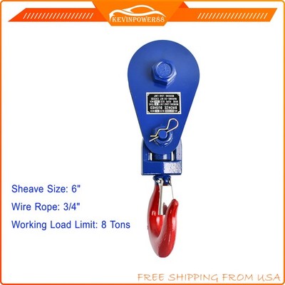 8Ton Snatch Block Swivel Hook 3/4'' Wire Rope Pulley 6'' Sheave Tow Shackle Tool