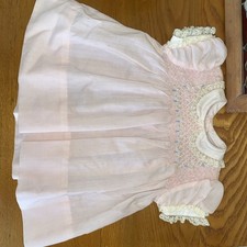 Vintage 1970s Polly Flinders Hand Smocked Dress Pink Cream Flowers 3-9 months